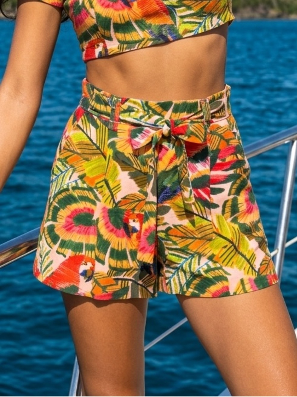 Eliane Rose Women's Multicolor Med High Tropical Tie Belt Waist Pleated Shorts